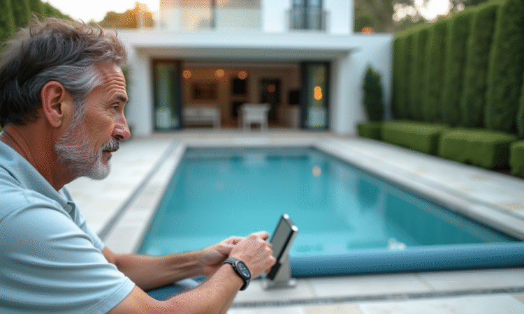 Homme d'âge moyen utilisant un panneau de contrôle piscine