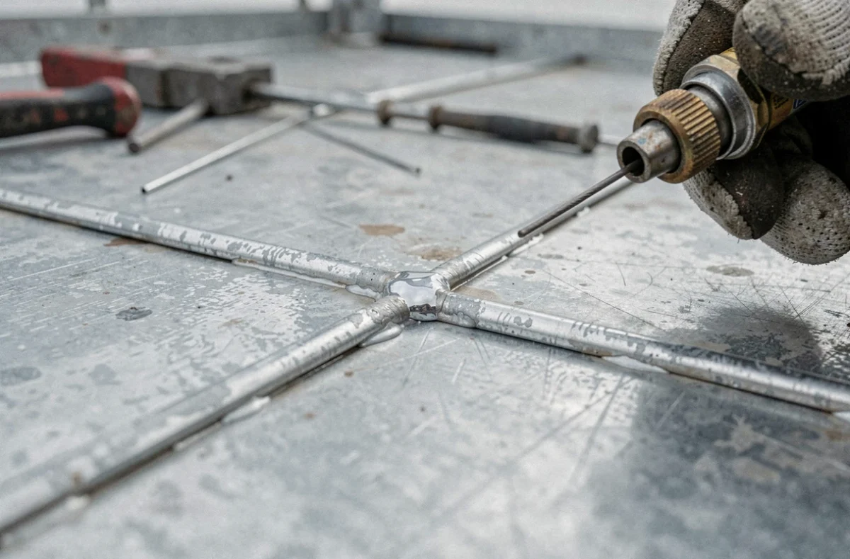 Gros plan sur un cordon de soudure propre sur une jonction de zinc, chalumeau et fil à souder visibles
