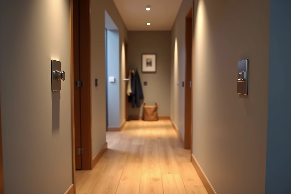 Couloir d'appartement moderne avec système va-et-vient Yokis automatisant l'éclairage aux deux extrémités