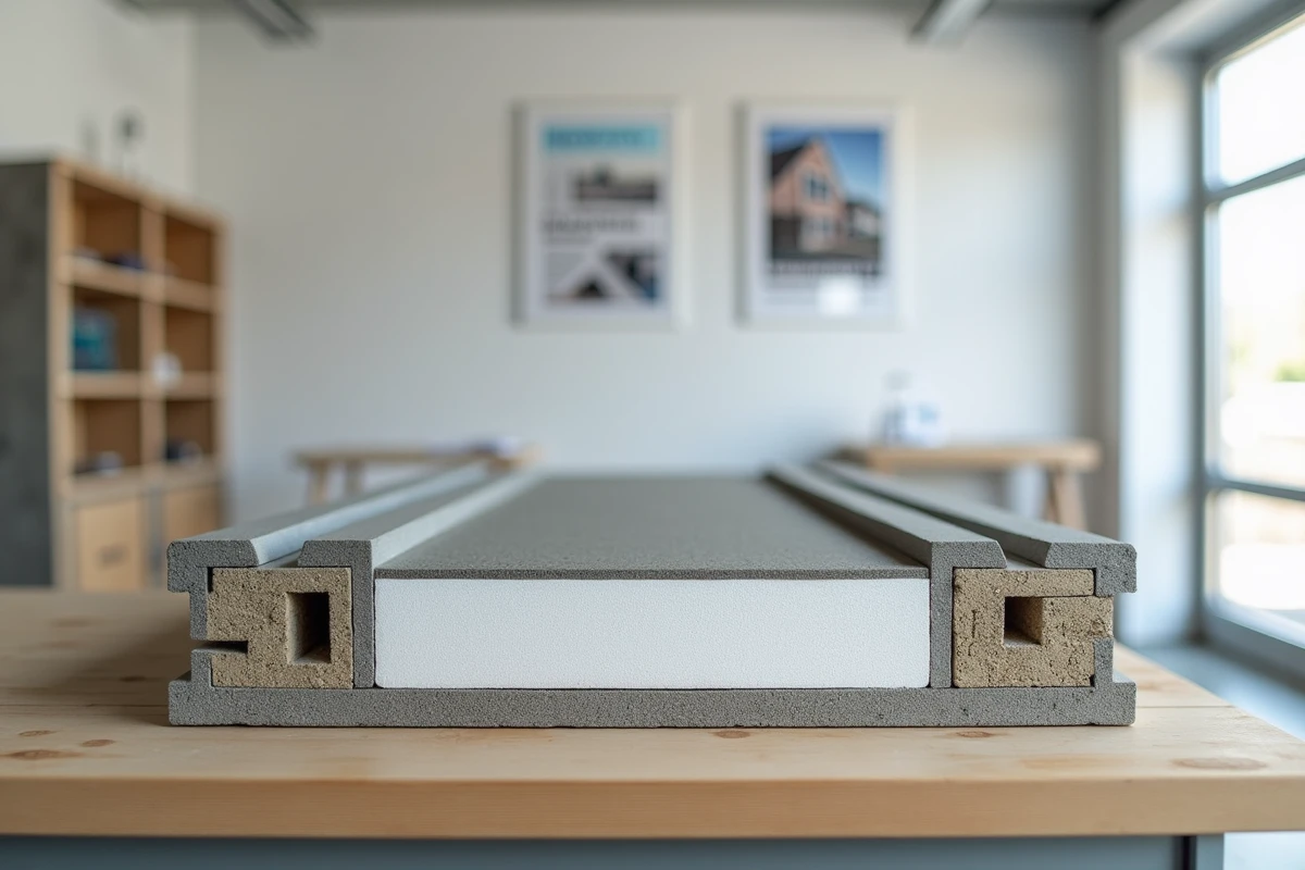 Coupe transversale d'un plancher isolant avec poutrelles métalliques, hourdis polystyrène et dalle de compression