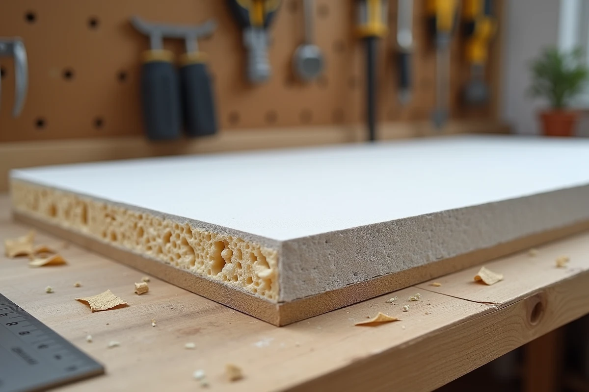 Coupe transversale d'un panneau de placo isolant thermique montrant les différentes couches de matériaux