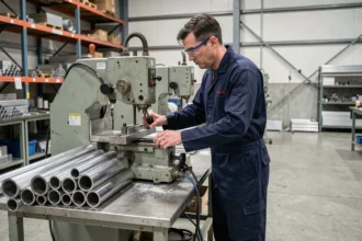 Ouvrier industriel coupant un tube en aluminium sur mesure dans un atelier de métallurgie moderne