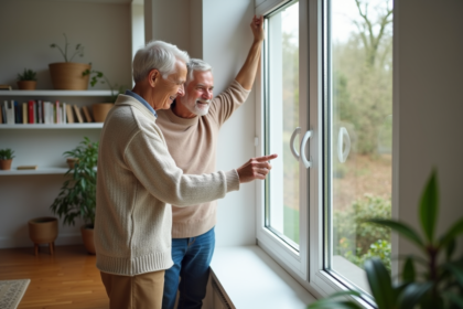 Couple souriant examinant une nouvelle fenetre moderne dans leur salon