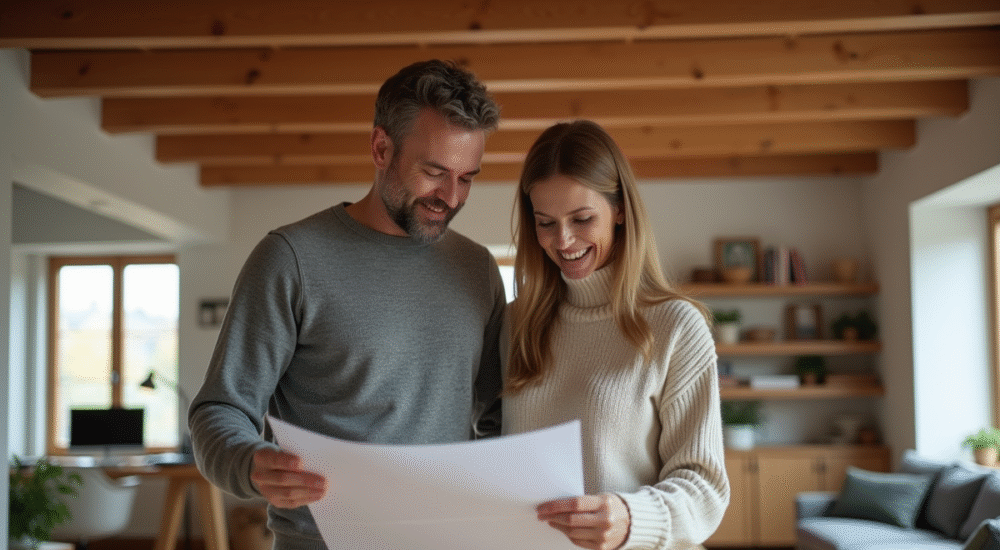 Couple dans leur grenier en train de revoir des plans architecturaux