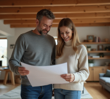 Couple dans leur grenier en train de revoir des plans architecturaux