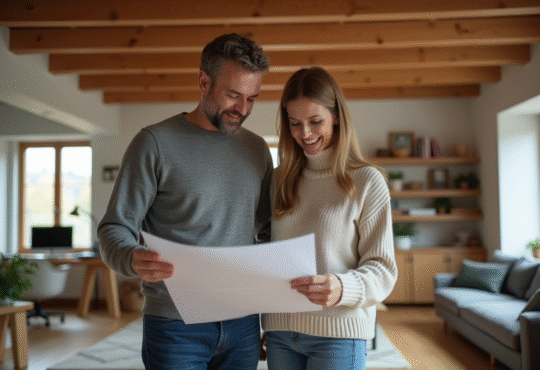 Couple dans leur grenier en train de revoir des plans architecturaux