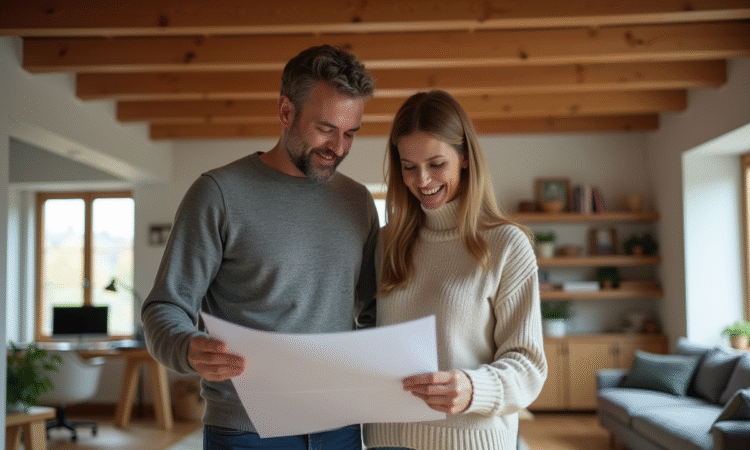 Couple dans leur grenier en train de revoir des plans architecturaux