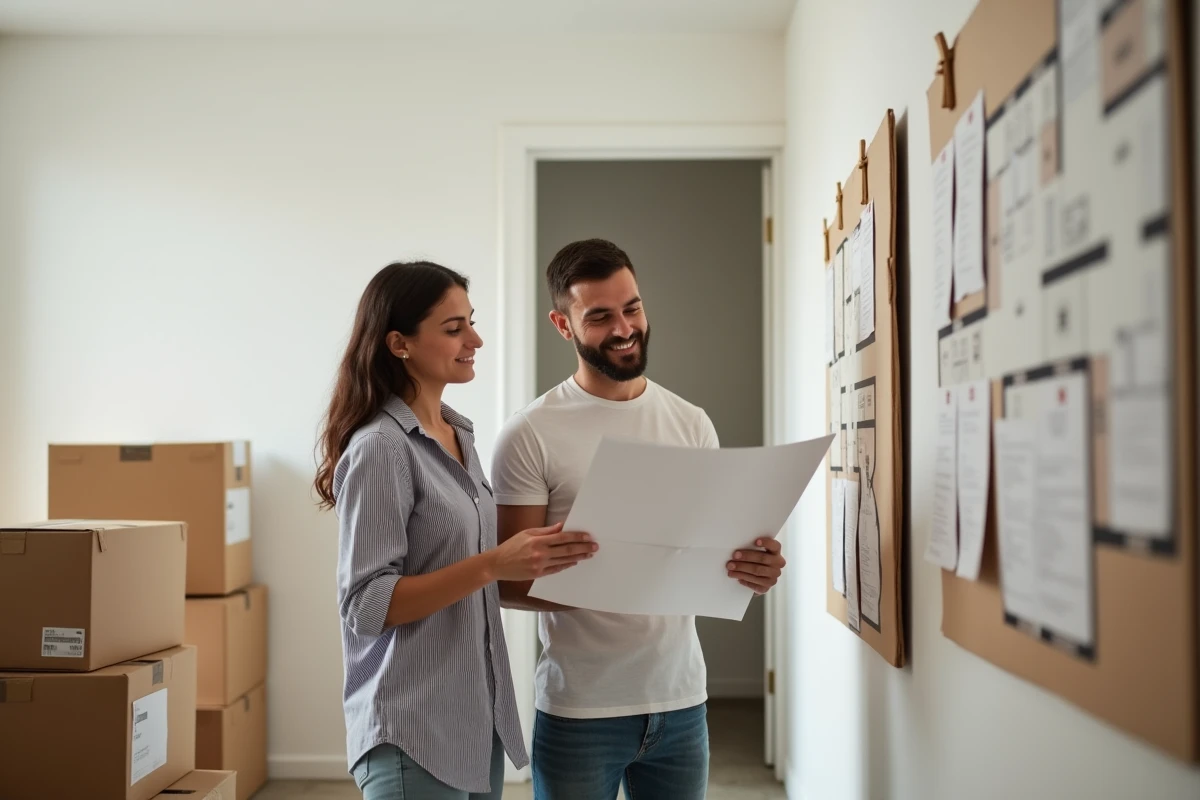 Couple examinant un plan d'appartement entouré de cartons étiquetés dans un couloir lors d'un déménagement