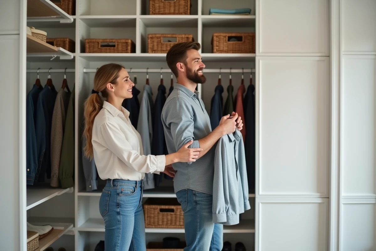 Couple aménageant un dressing 2 personnes de 10 m² avec rangements modulaires blancs