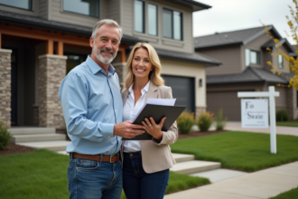 Couple discutant devant une maison à vendre