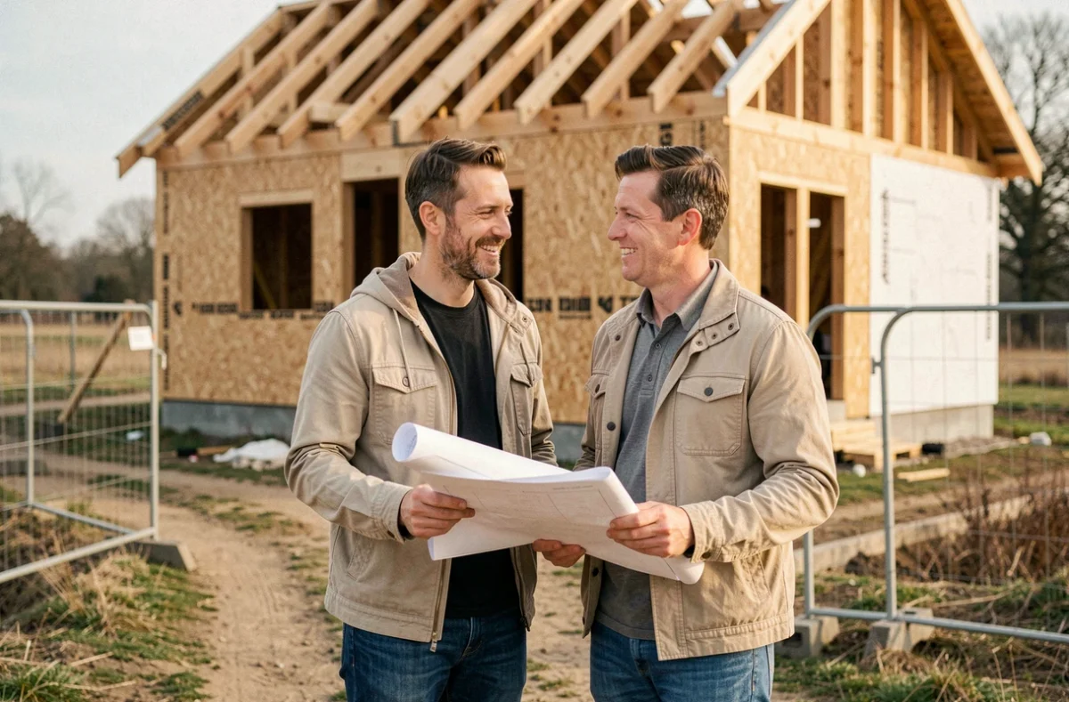 Couple devant leur maison bois en cours de construction en zone rurale tenant des plans architecturaux