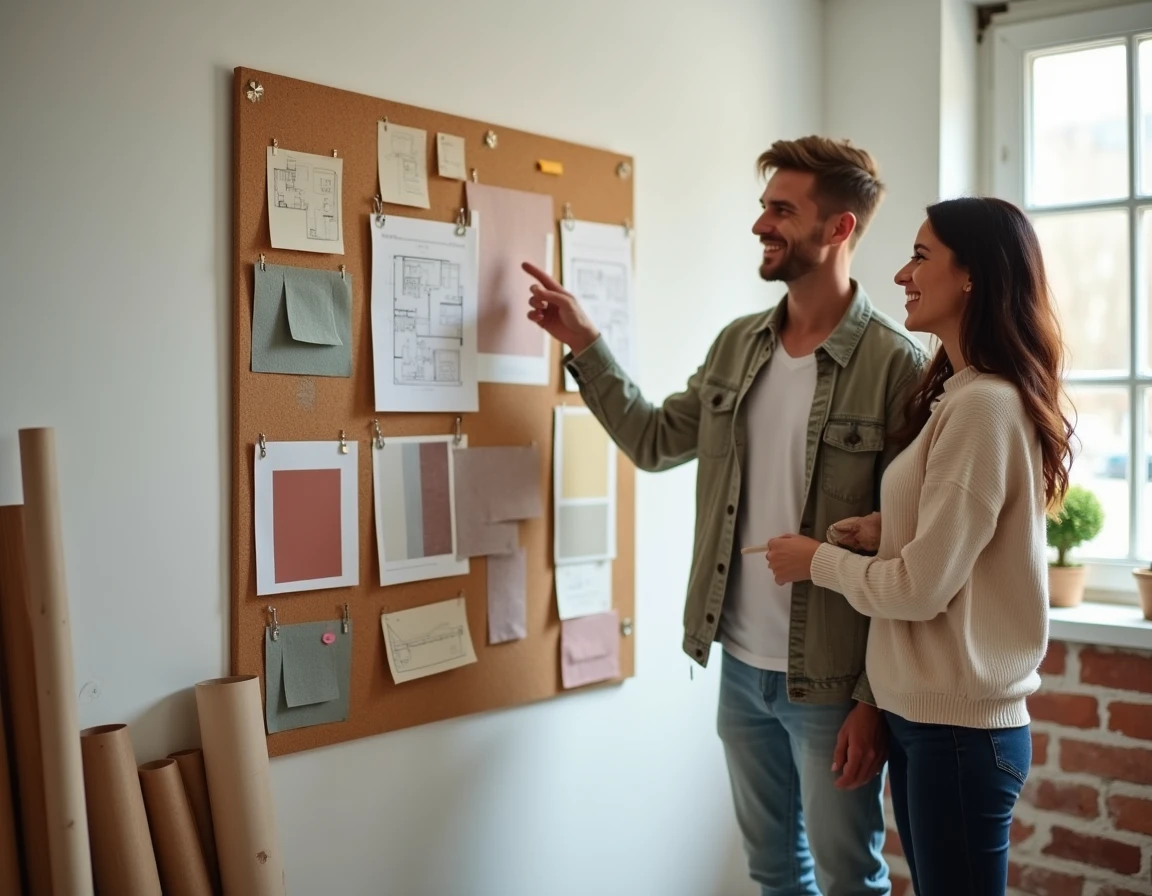 Couple en train de planifier leur décoration intérieure avec un tableau d'inspiration et des échantillons de matériaux