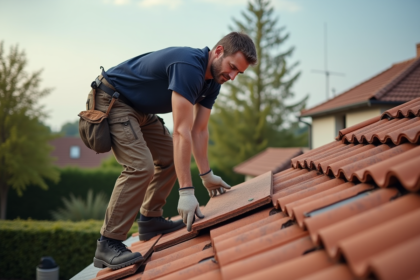 Couvreur posant des tuiles en terre cuite sur un toit résidentiel