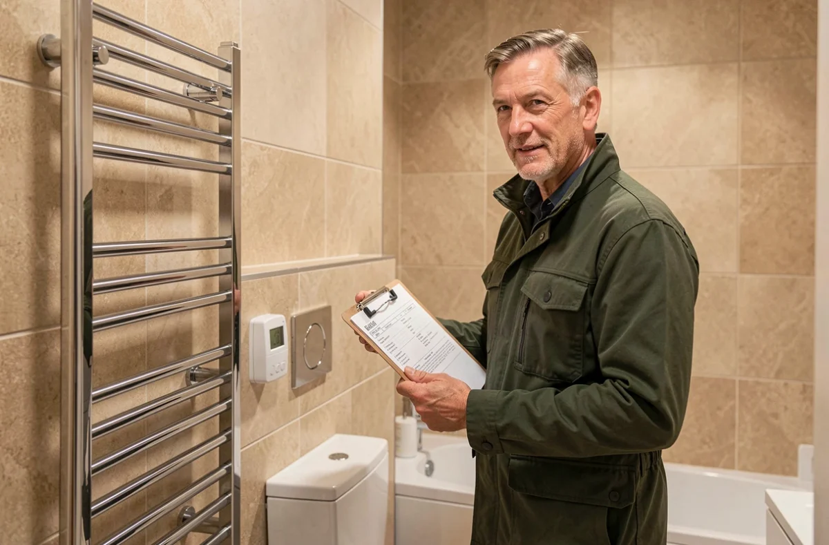 Spécialiste de CPM Confort présentant un sèche-serviettes et un panneau de thermostat de chauffage au sol dans une salle de bain moderne