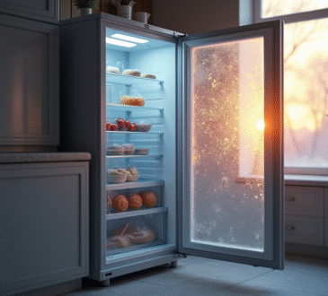 Congélateur ouvert dans une cuisine moderne au matin