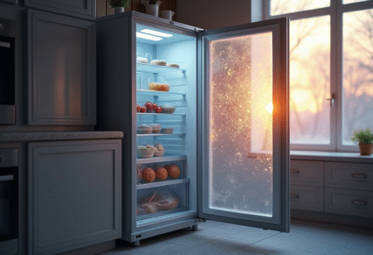 Congélateur ouvert dans une cuisine moderne au matin