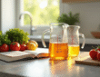 Plan de cuisine moderne avec verres doseurs remplis de liquides