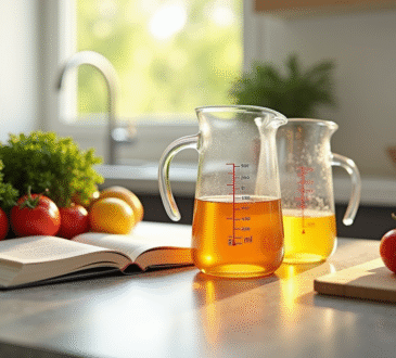 Plan de cuisine moderne avec verres doseurs remplis de liquides