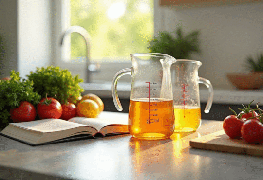 Plan de cuisine moderne avec verres doseurs remplis de liquides
