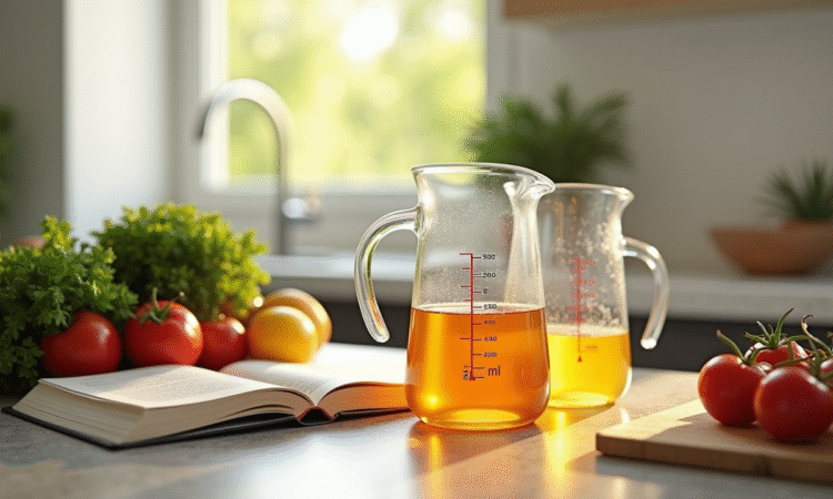 Plan de cuisine moderne avec verres doseurs remplis de liquides