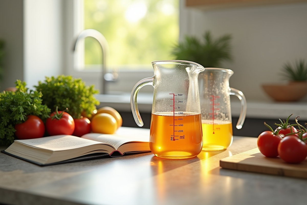 Plan de cuisine moderne avec verres doseurs remplis de liquides