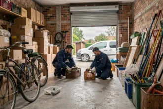 Deux professionnels en combinaison de travail triant des objets dans un garage encombré lors d'un débarras à Pontivy