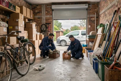 Deux professionnels en combinaison de travail triant des objets dans un garage encombré lors d'un débarras à Pontivy