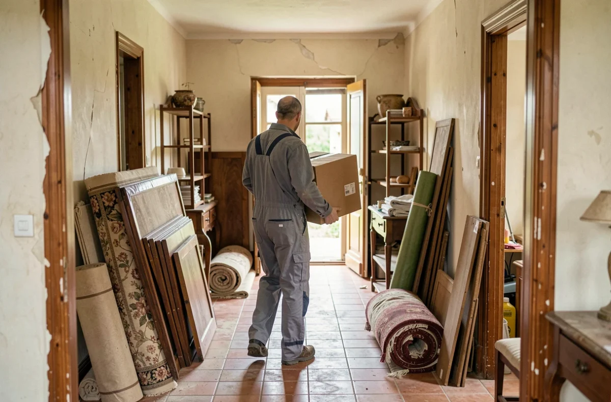 Ouvrier portant des cartons lors d'un débarras complet d'une maison ancienne dans la région de Pontivy