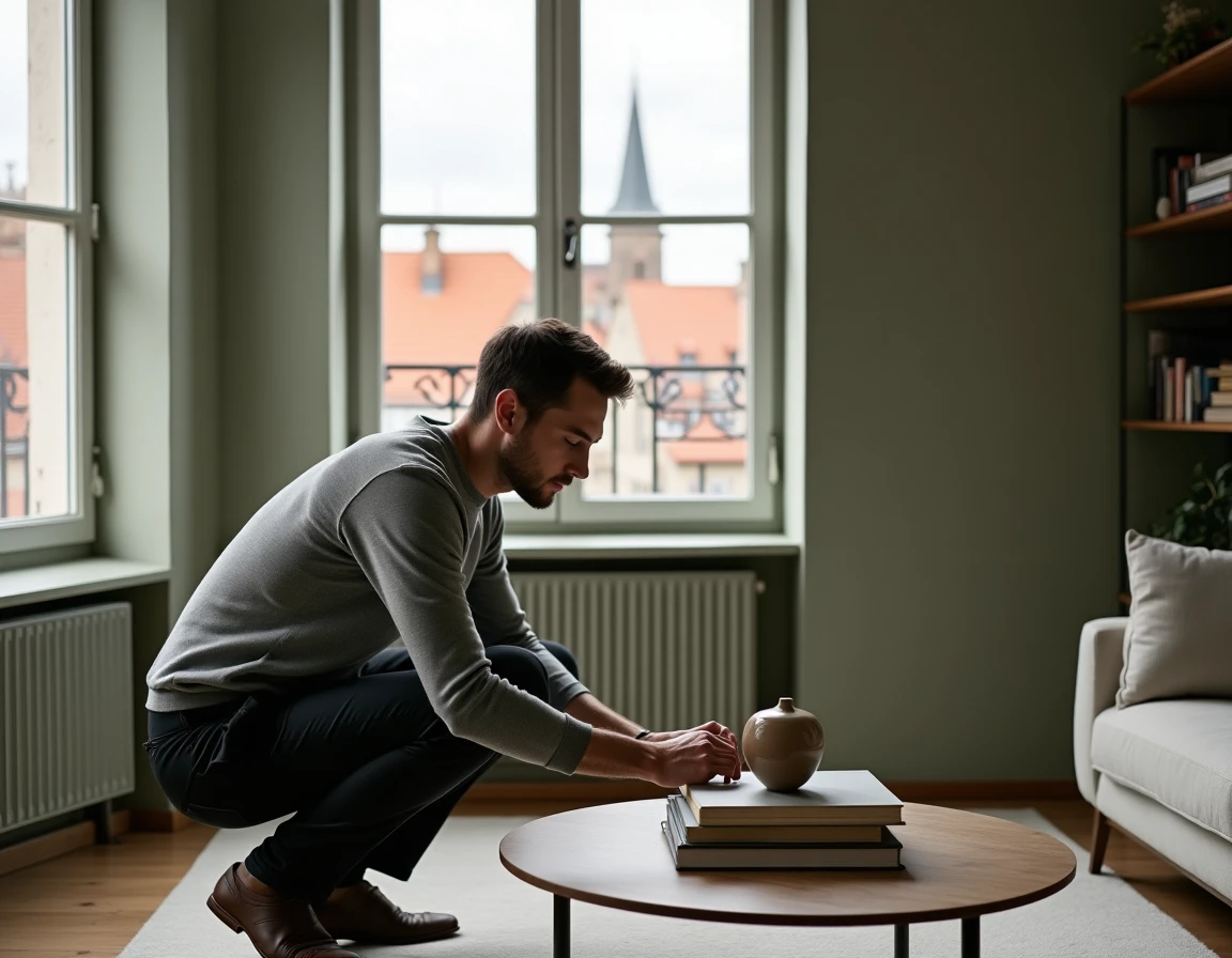Homme arrangeant des objets décoratifs dans un appartement strasbourgeois avec vue sur les toits et la cathédrale en arrière-plan
