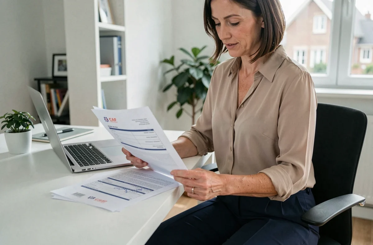 Femme consultant les documents de la CAF pour une demande d'aide ménagère à domicile dans le 95