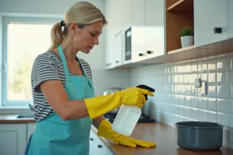 Femme portant des gants jaunes qui désinfecte un placard de cuisine avec un spray après une infestation de larves de mouche