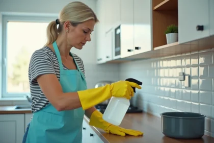 Femme portant des gants jaunes qui désinfecte un placard de cuisine avec un spray après une infestation de larves de mouche