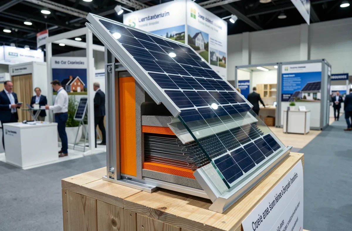 Coupe transversale d'un panneau solaire hybride exposé dans un salon de l'habitat montrant ses couches technologiques