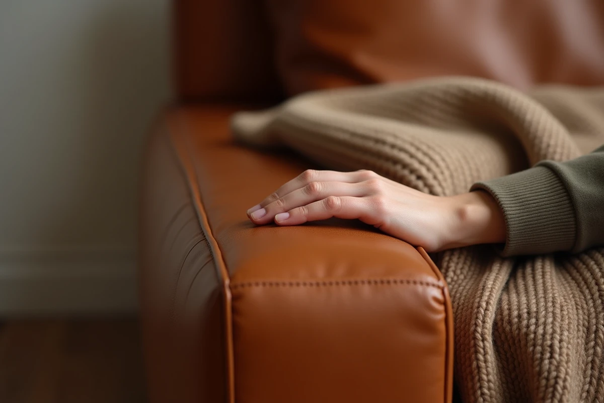Gros plan sur un accoudoir de canapé en cuir aniline cognac montrant le grain naturel et la texture souple du cuir pleine fleur