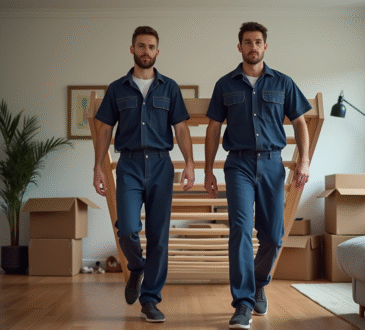 Deux monteurs en uniformes transportent un lit en bois dans un appartement