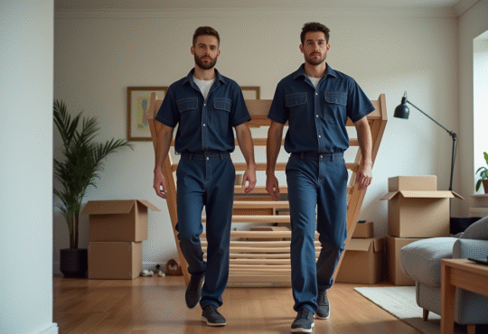 Deux monteurs en uniformes transportent un lit en bois dans un appartement