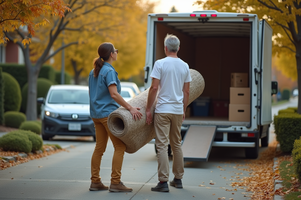 Un couple portant un tapis dehors devant un camion de déménagement