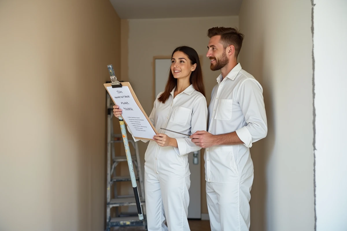 Deux peintres professionnels discutant d'un devis de travaux de peinture dans un couloir en cours de rénovation