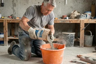 Ouvrier dosant le ciment pour préparer un mélange béton pour scellements sur chantier