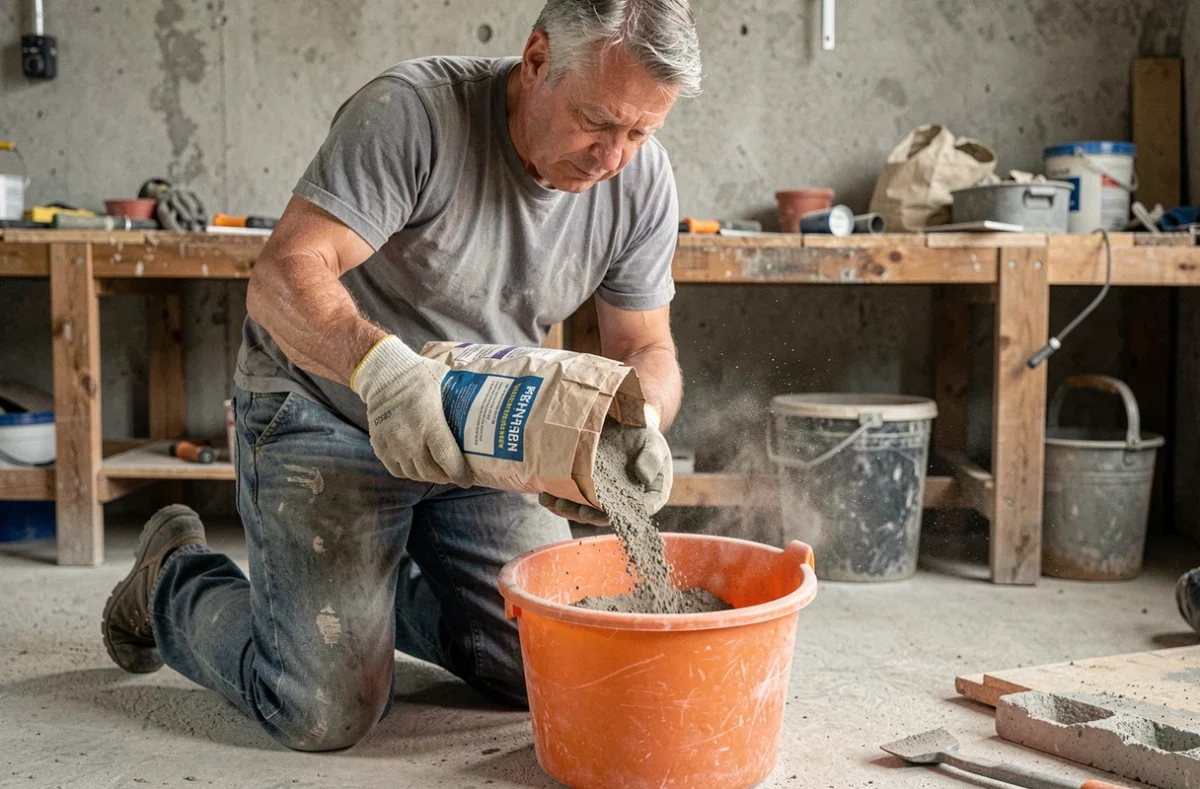 Ouvrier dosant le ciment pour préparer un mélange béton pour scellements sur chantier