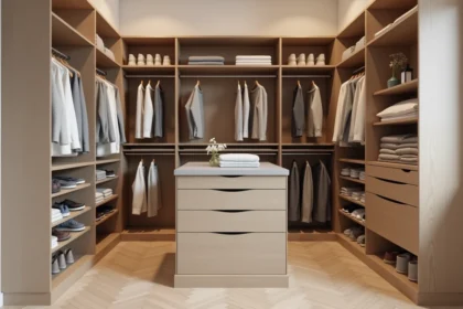 Dressing 2 personnes de 8 m² avec double penderie et rangements en bois clair pour couple