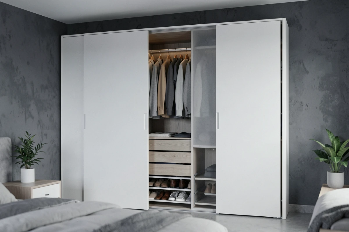 Armoire dressing fermée modulable à portes coulissantes blanches dans une chambre contemporaine grise
