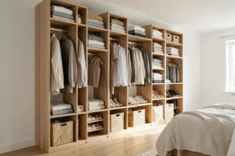 Dressing kit modulable ouvert en bois clair installé dans une chambre scandinave avec rangements organisés
