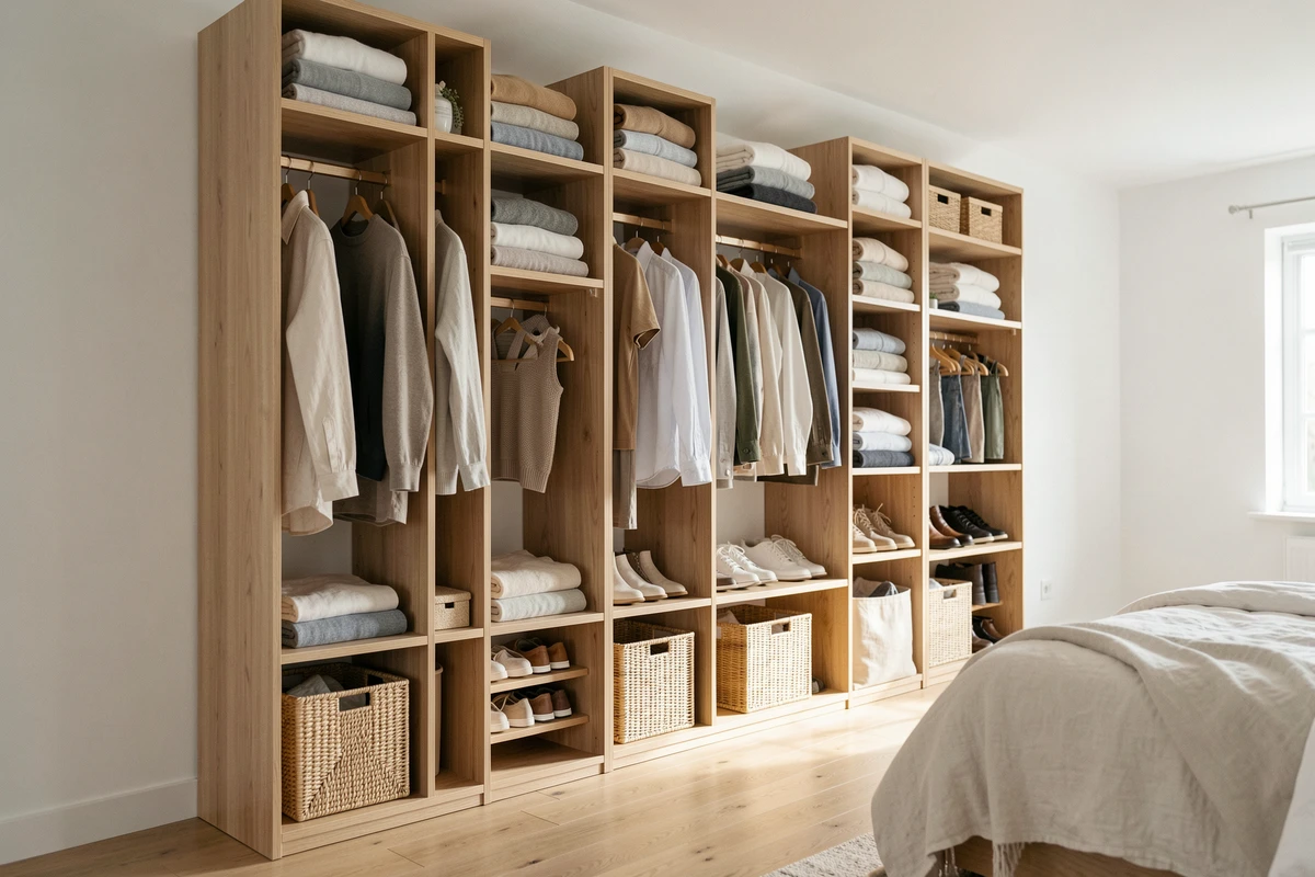 Dressing kit modulable ouvert en bois clair installé dans une chambre scandinave avec rangements organisés