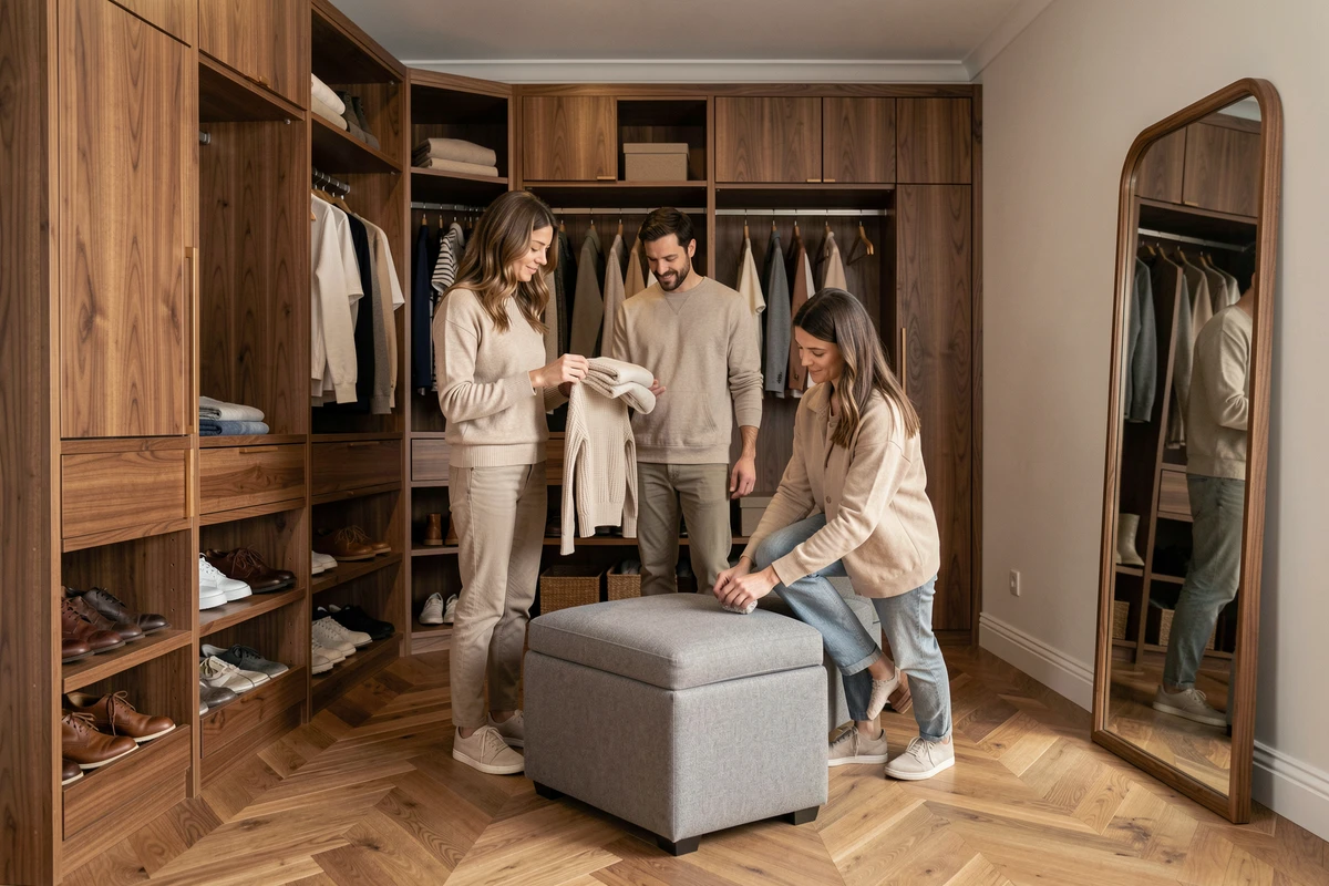 Couple utilisant un dressing modulable mixte ouvert et fermé en bois de noyer dans une chambre avec parquet