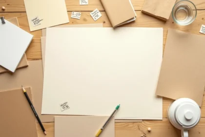 Échantillons de papier beige de différentes textures et grammages disposés en flat lay sur un bureau en bois clair