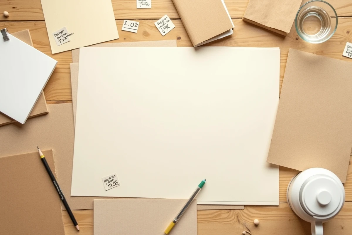 Échantillons de papier beige de différentes textures et grammages disposés en flat lay sur un bureau en bois clair