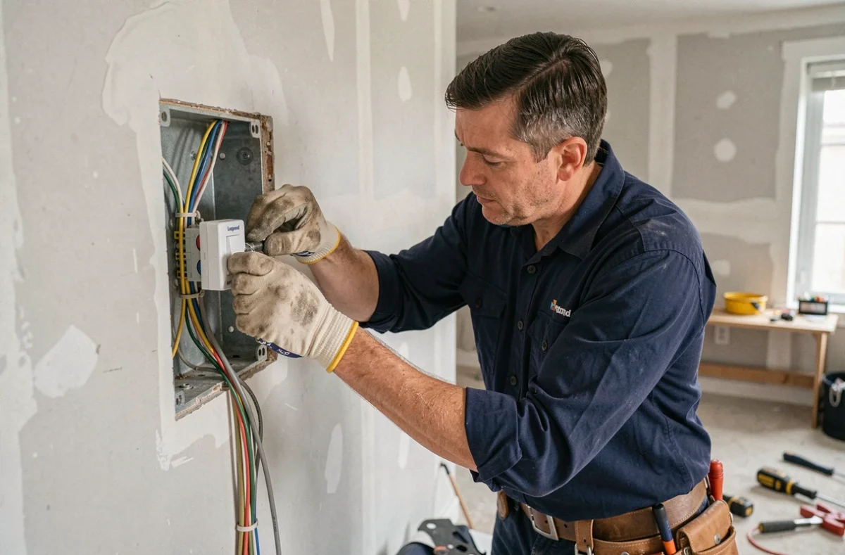 Électricien installant un interrupteur va-et-vient Legrand Mosaic lors d'une rénovation résidentielle