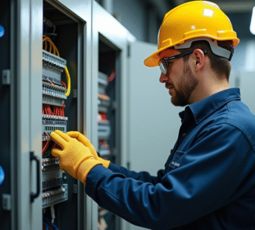 Électricien professionnel inspectant un panneau électrique moderne