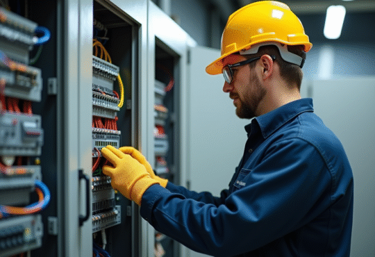 Électricien professionnel inspectant un panneau électrique moderne